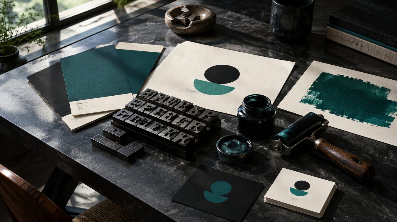 Brand workshop still life with type, ink, and colour chips