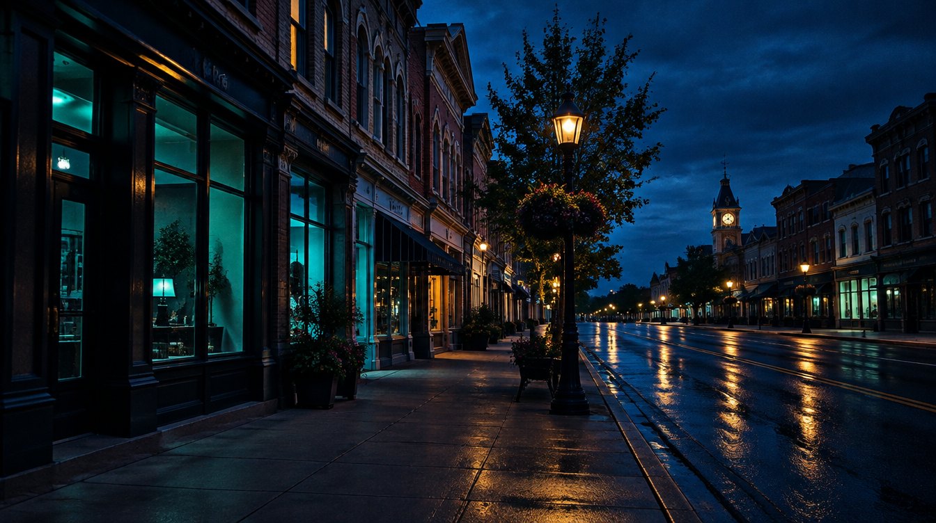 Historic Aurora Wellington Street at blue hour