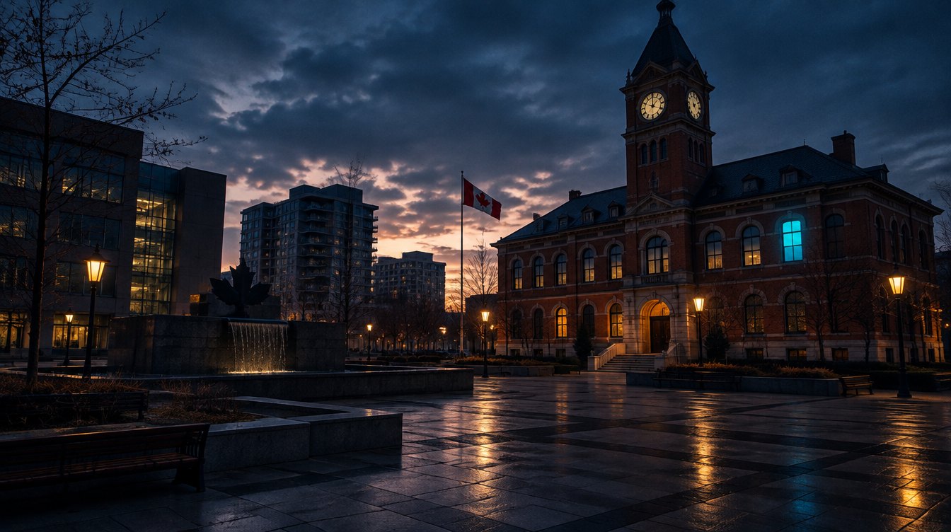 Downtown Brampton Garden Square at dusk