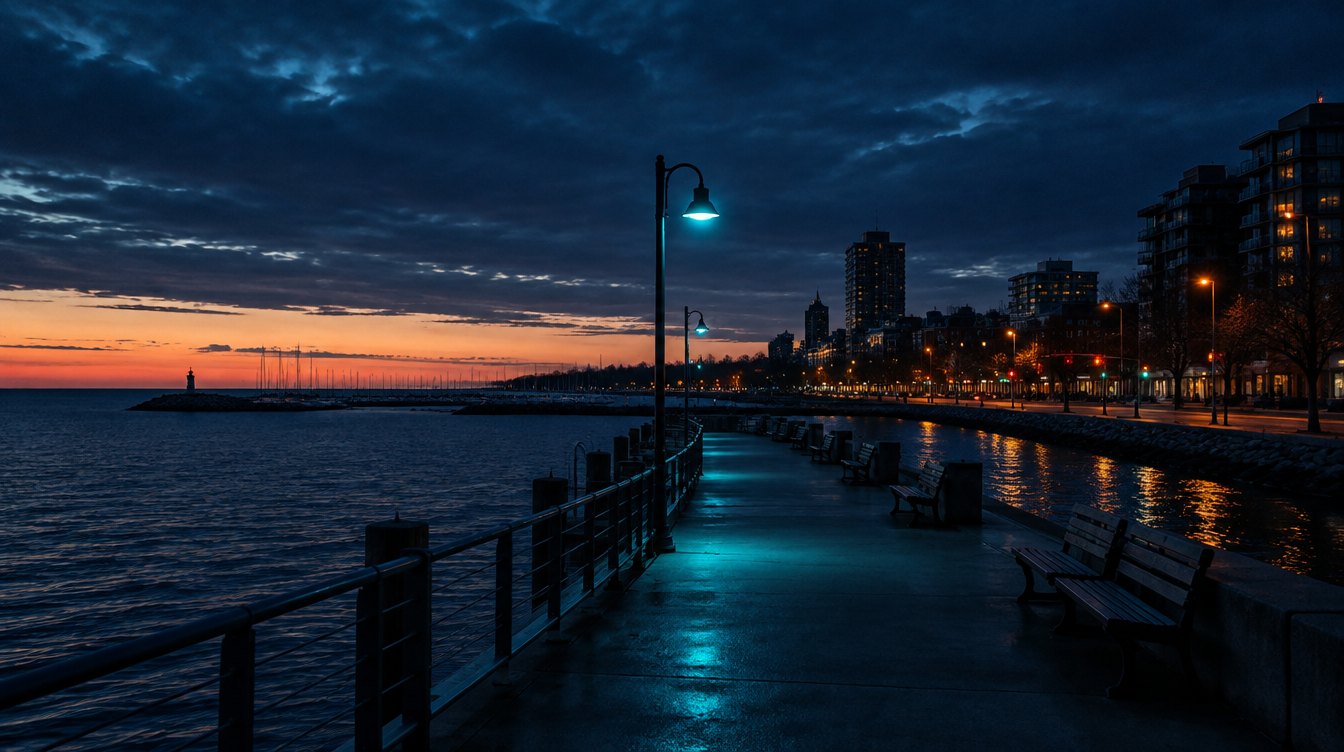 Burlington waterfront pier at dusk