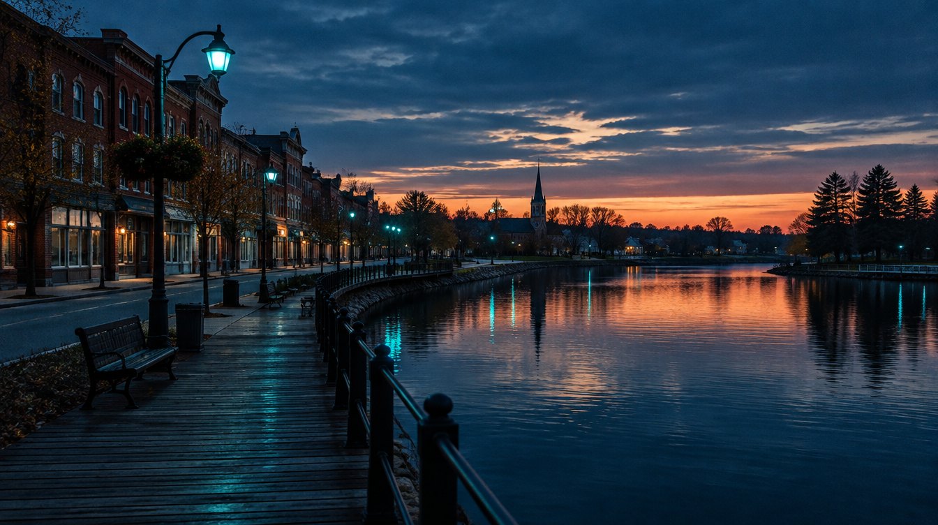 Newmarket Main Street and Fairy Lake at dusk