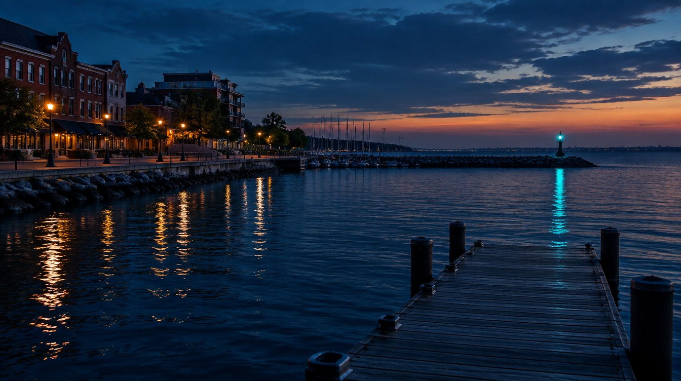 Oakville harbour and Lakeshore at dusk