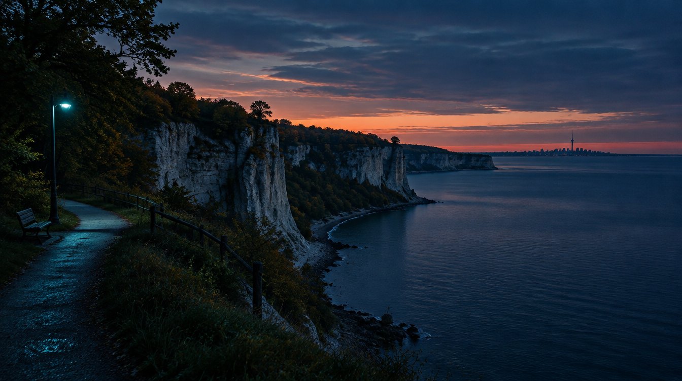 Scarborough Bluffs over Lake Ontario at dusk
