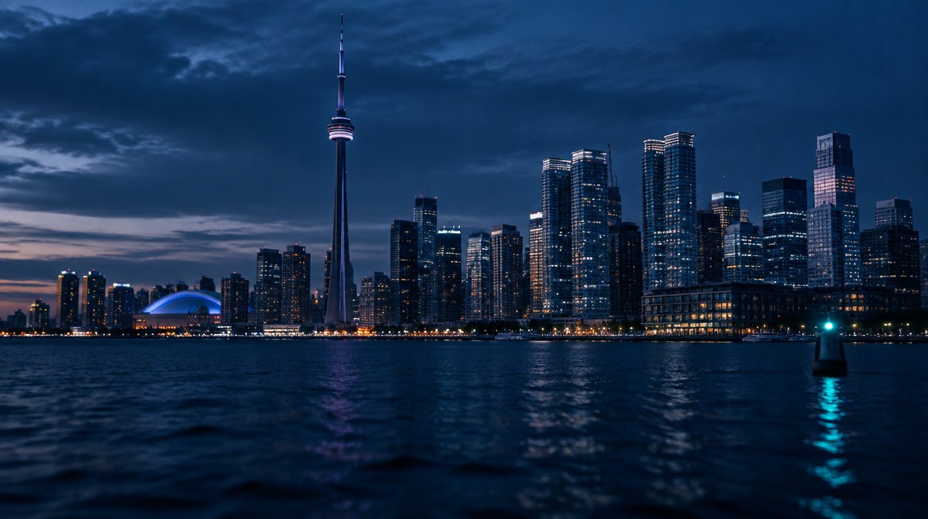 Toronto skyline at blue hour from the lake