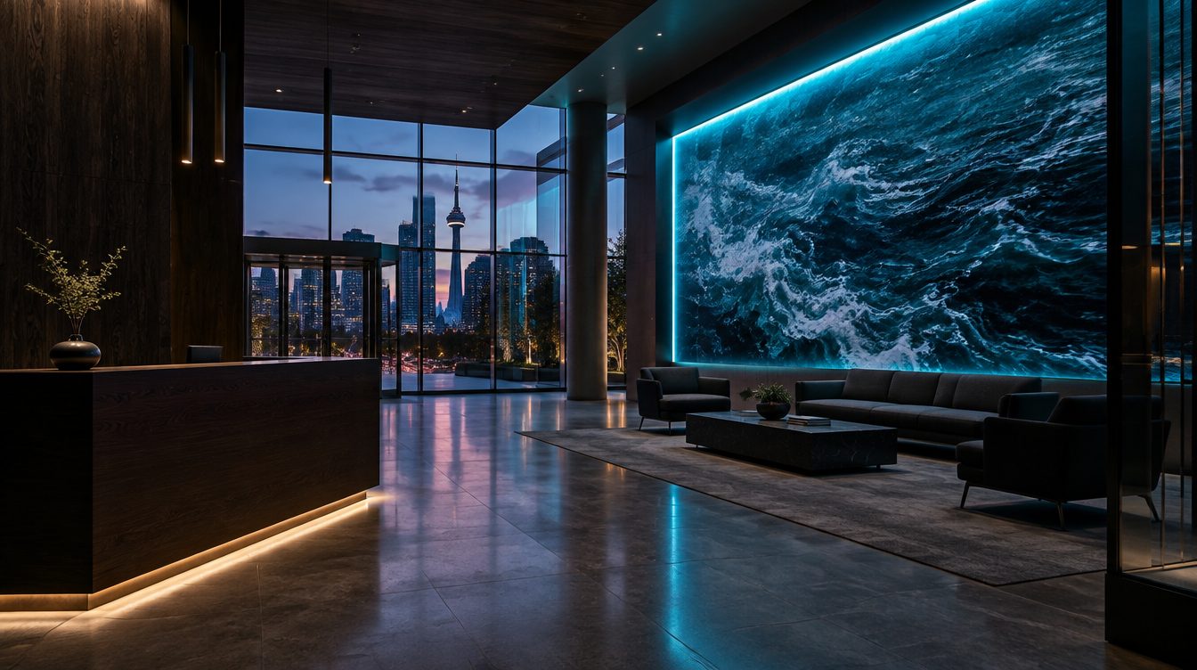 Webwave Design lobby with a cyan ocean wall and the Toronto skyline