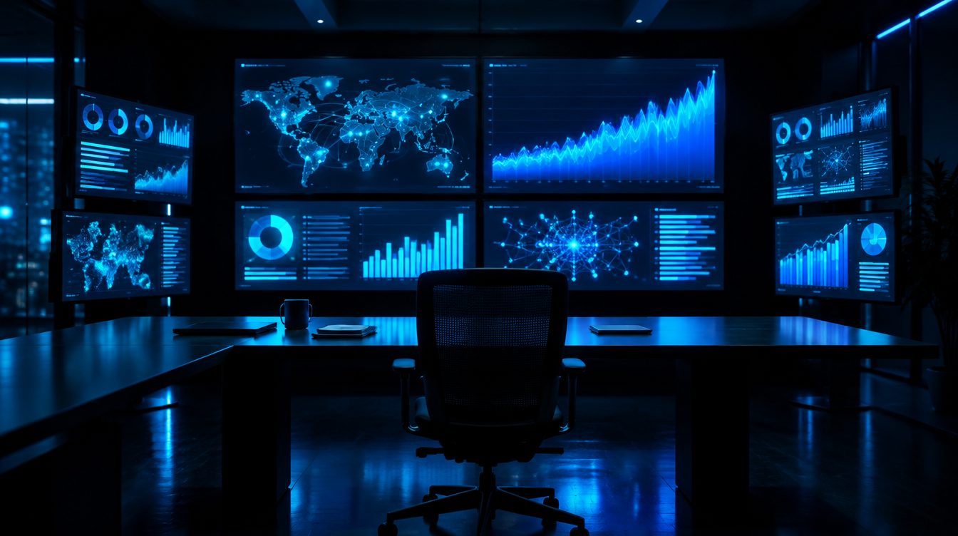 Campaign room with abstract chart light on dark screens