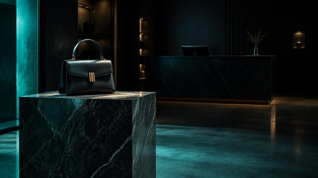 Dark boutique product plinth with teal reflection