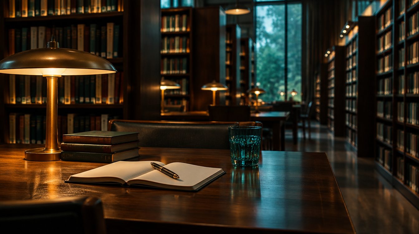 Quiet library stacks and a single lamp