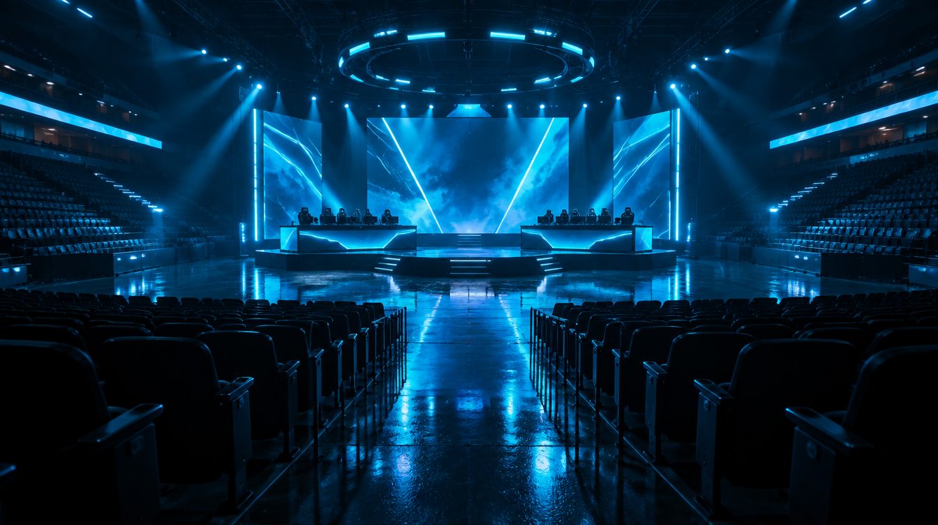 Empty arena floor under cyan stage light