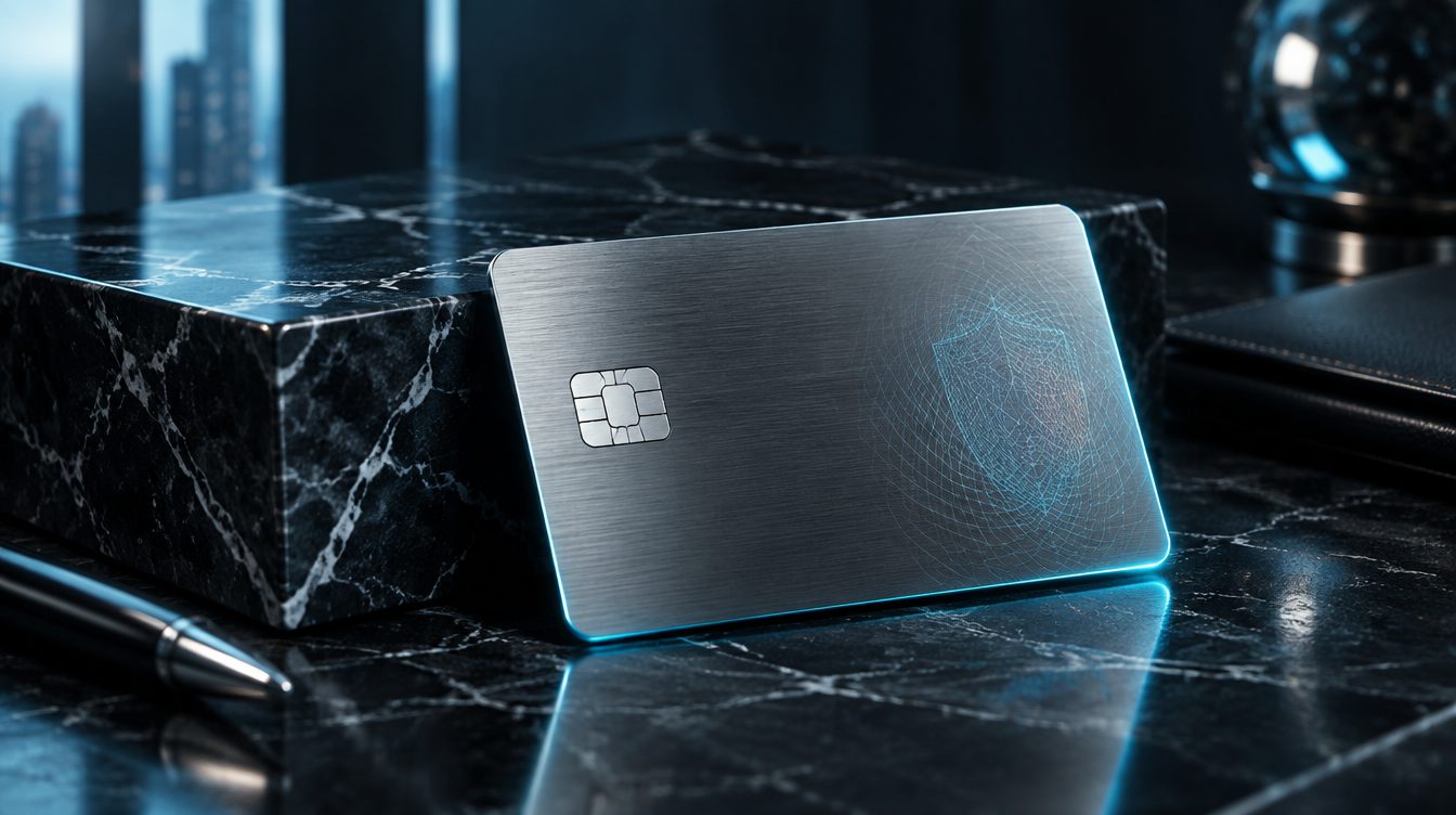 Brushed-steel card on dark marble with a cyan security pattern