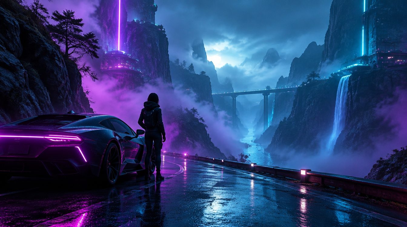 Foggy neon landscape, cinematic and empty