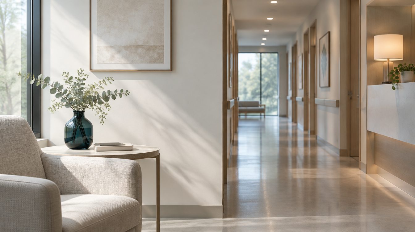 Calm modern clinic corridor in soft daylight