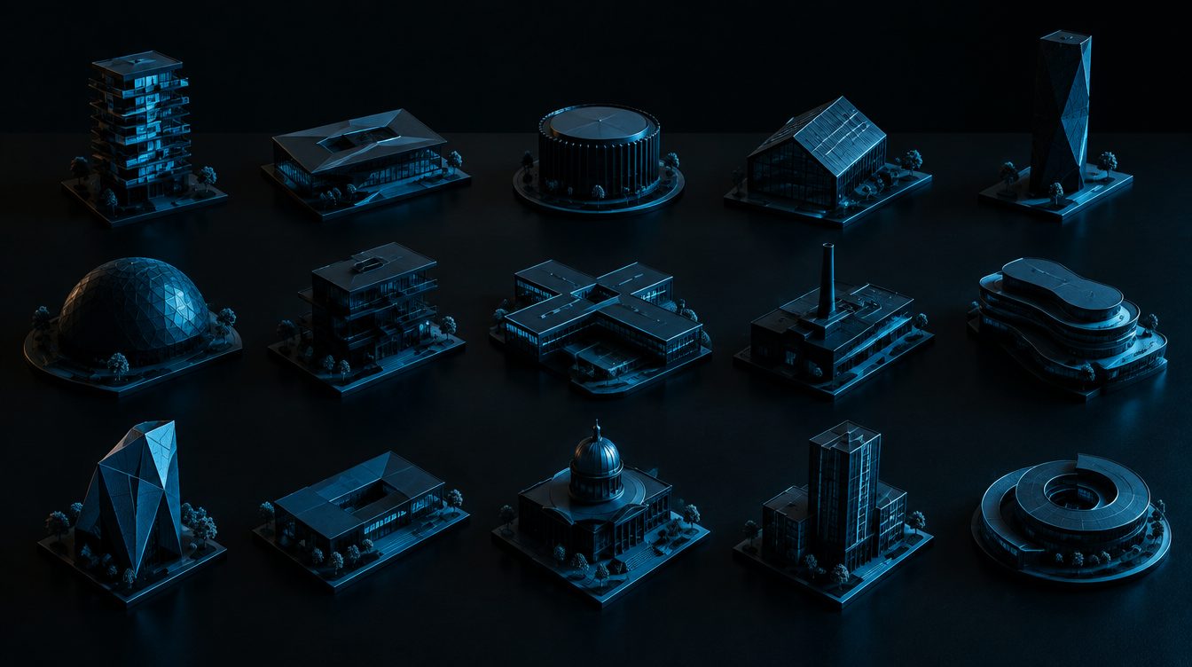 Miniature architectural models on a dark table