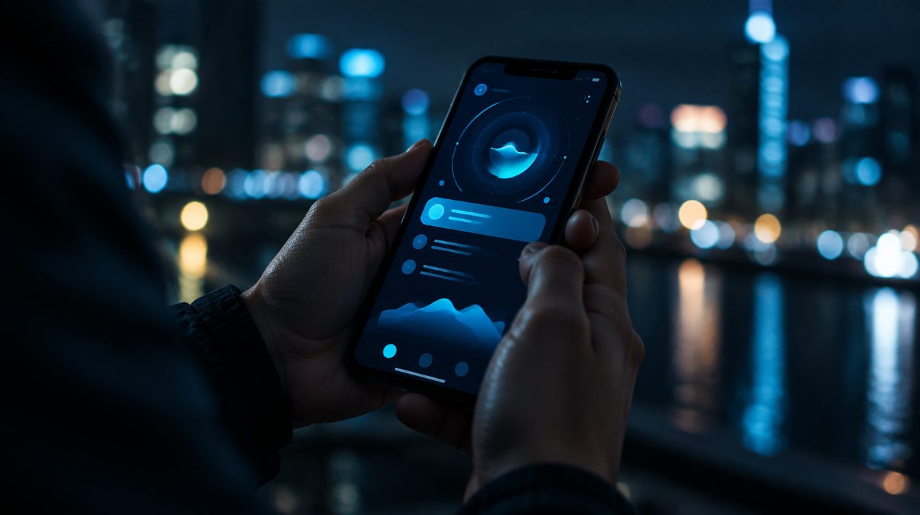 Smartphone in low light with cyan interface glow