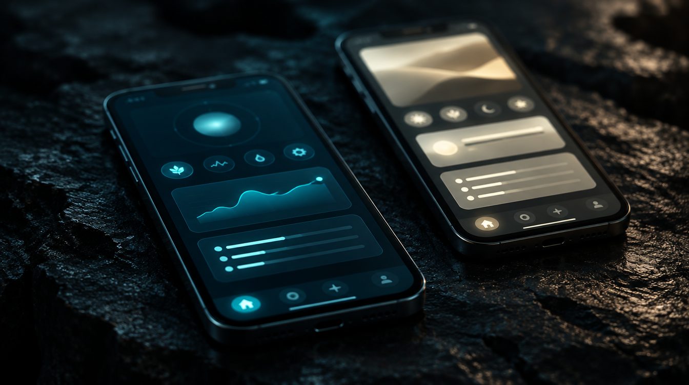 Two phones on black stone with interface glow
