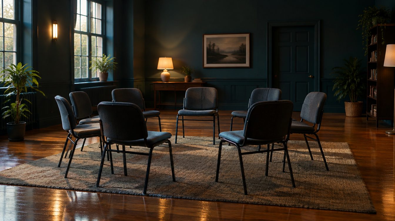Empty community hall with chairs in a circle