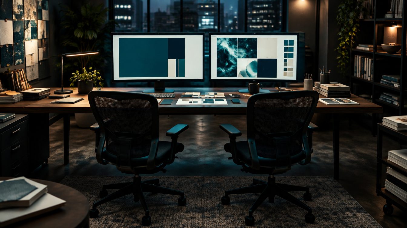 Senior studio workspace with two empty chairs and dual monitors
