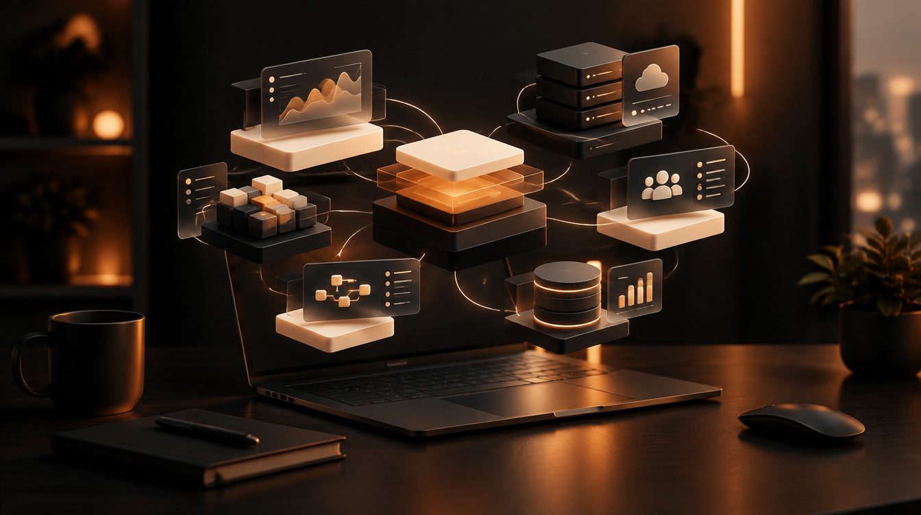 Abstract software volumes on a dark desk