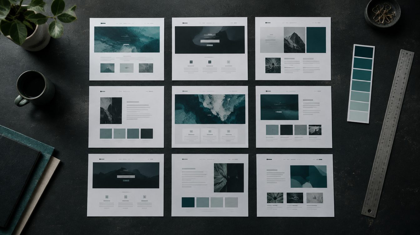 Overhead of a studio table with layout studies