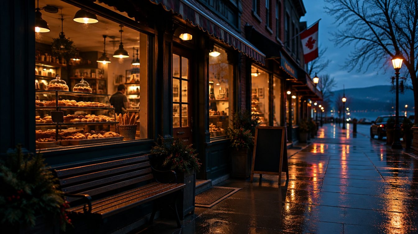 Canadian storefront at blue hour