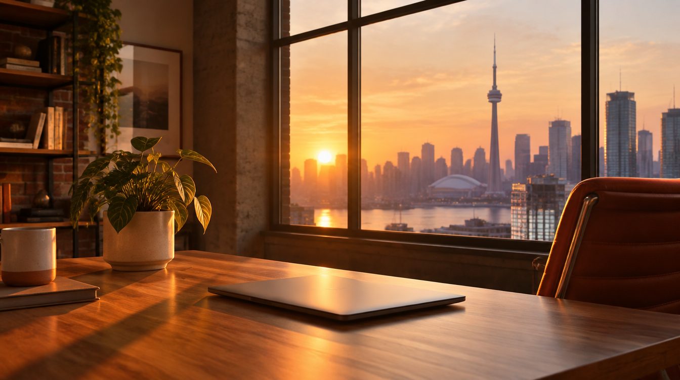 Dawn loft desk with Toronto window light