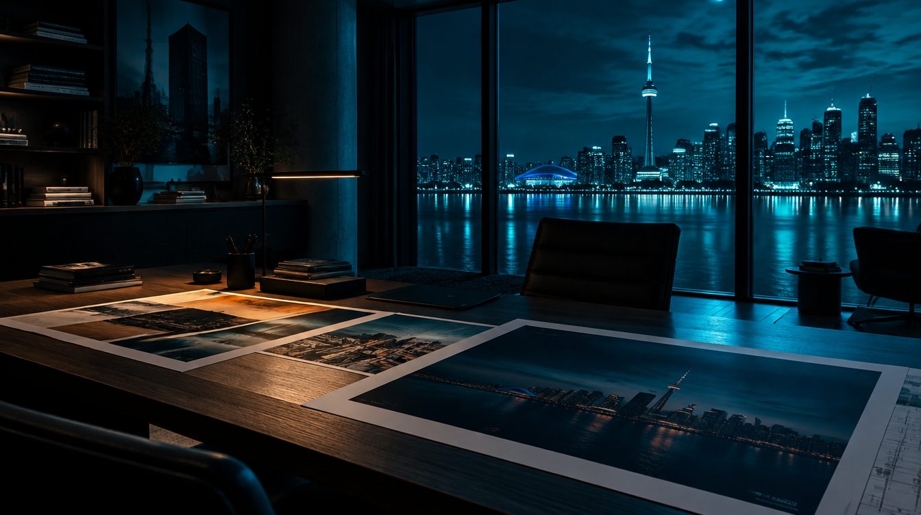 Toronto studio desk at night with layout prints and the skyline across the water