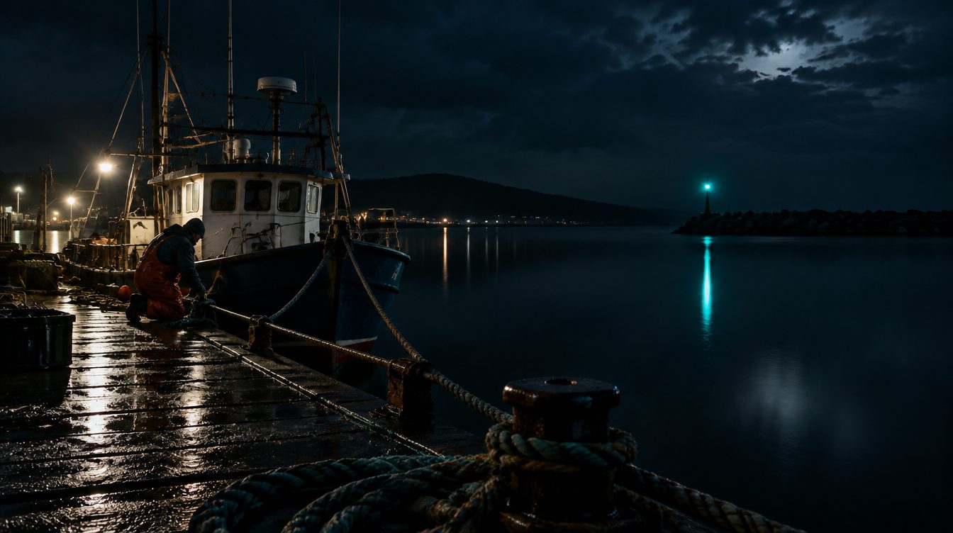 Quiet harbour at night with a teal navigation lamp